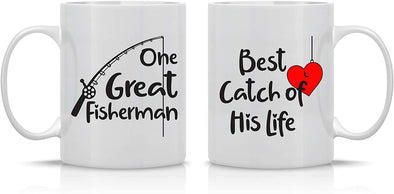 One Great Fisherman, Best Catch of His Life - Wedding Anniversary Gift for Him Her - Coffee Mug Set (White, 11 oz)