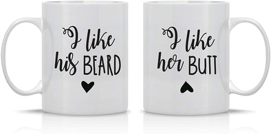 I Like Her Butt, I Like His Beard, Wedding Gift for Bride and Groom - Coffee Mug Set (White, 11oz)