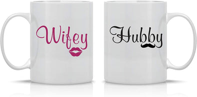 Hubby, Wifey Funny Couple 11oz White Ceramic Coffee Mug Set by Witty Fashions