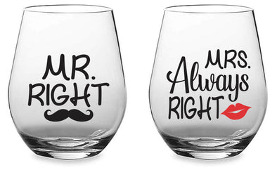 Mr Right Mrs Always Right - Funny Engagement Marriage Gift - 15 oz Stemless Wine Glass Set (2Pack)