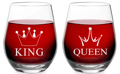 King Queen - Funny Newlyweds Wedding Gift - 15 oz Stemless Wine Glass Set (2Pack )