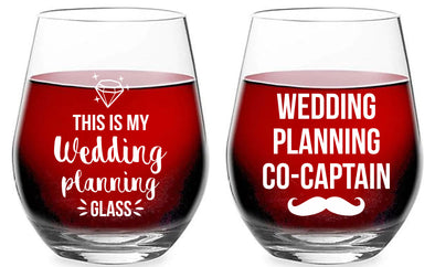 This is my Wedding Planning Glass - Planning Co-captain - Gift for Newlywed Couple - 15 oz Stemless Wine Glass Set (2Pack)