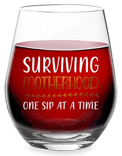 Surviving Motherhood One Sip at a Time - Funny Mothers Day Gift for Mom Mommy Mama - 15 oz Stemless Wine Glass