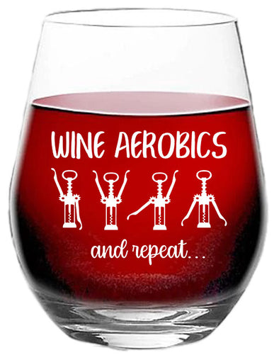 Wine Aerobics - Funny Humor Gift for Workout Lovers, Birthday Wine Gift for Friend - 15 oz Stemless Wine Glass