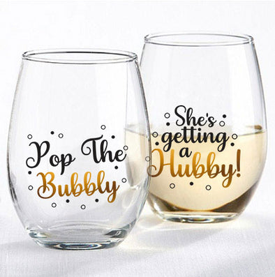 Pop the Bubbly, She's Getting a Hubby - Funny Announcement Gift Idea - Couple To Be - 15 oz Stemless Wine Glass Set (2Pack)