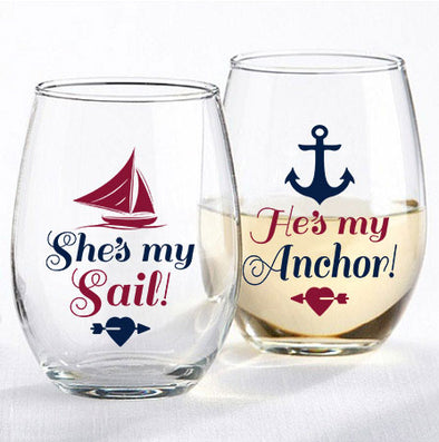 She's my Sail He's my Anchor - Funny Gift for Couples - Anniversary Gift Idea - 15 oz Stemless Wine Glass Set (2Pack)