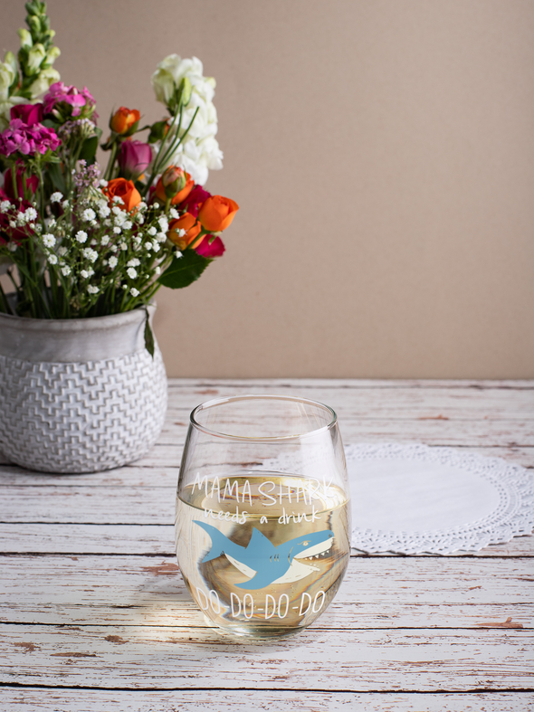Mama Shark Needs a Drink - Funny Shark Gift for Mom - Mothers Day Gifts - 15 oz Stemless Wine Glass